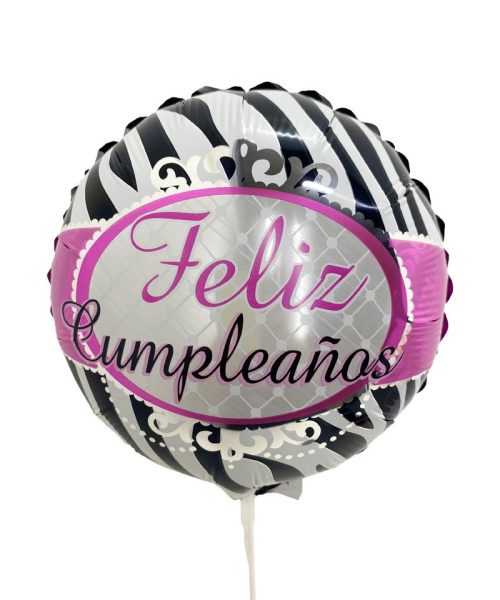 Globo redondo "Felíz cumpleaños" (print cebra con rosa)