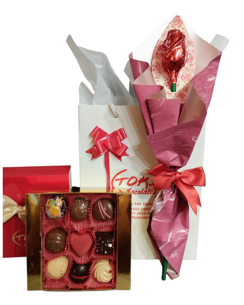 Combo - Una Rosa de chocolate y una caja estuche rojo 9 bombones