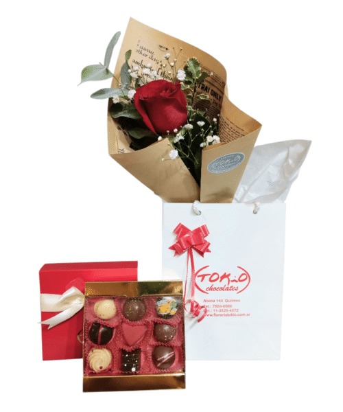 Combo - Una Rosa Roja con Caja Estuche rojo con 9 bombones.